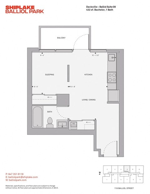 Floor plan for studio, 1 bath, 432 sqft